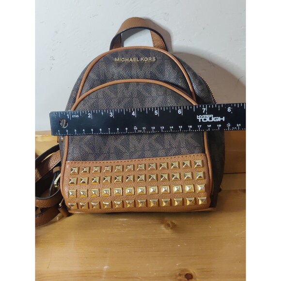 Michael Kors Rhea Mini Backpack Purse Brown Gold Square Studs Read! - Picture 14 of 15